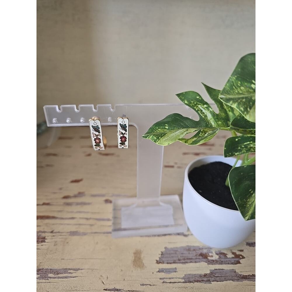 Vintage Cloisonne Enamel Butterfly Floral Hoop Earrings Gold Tone Boho Pierced